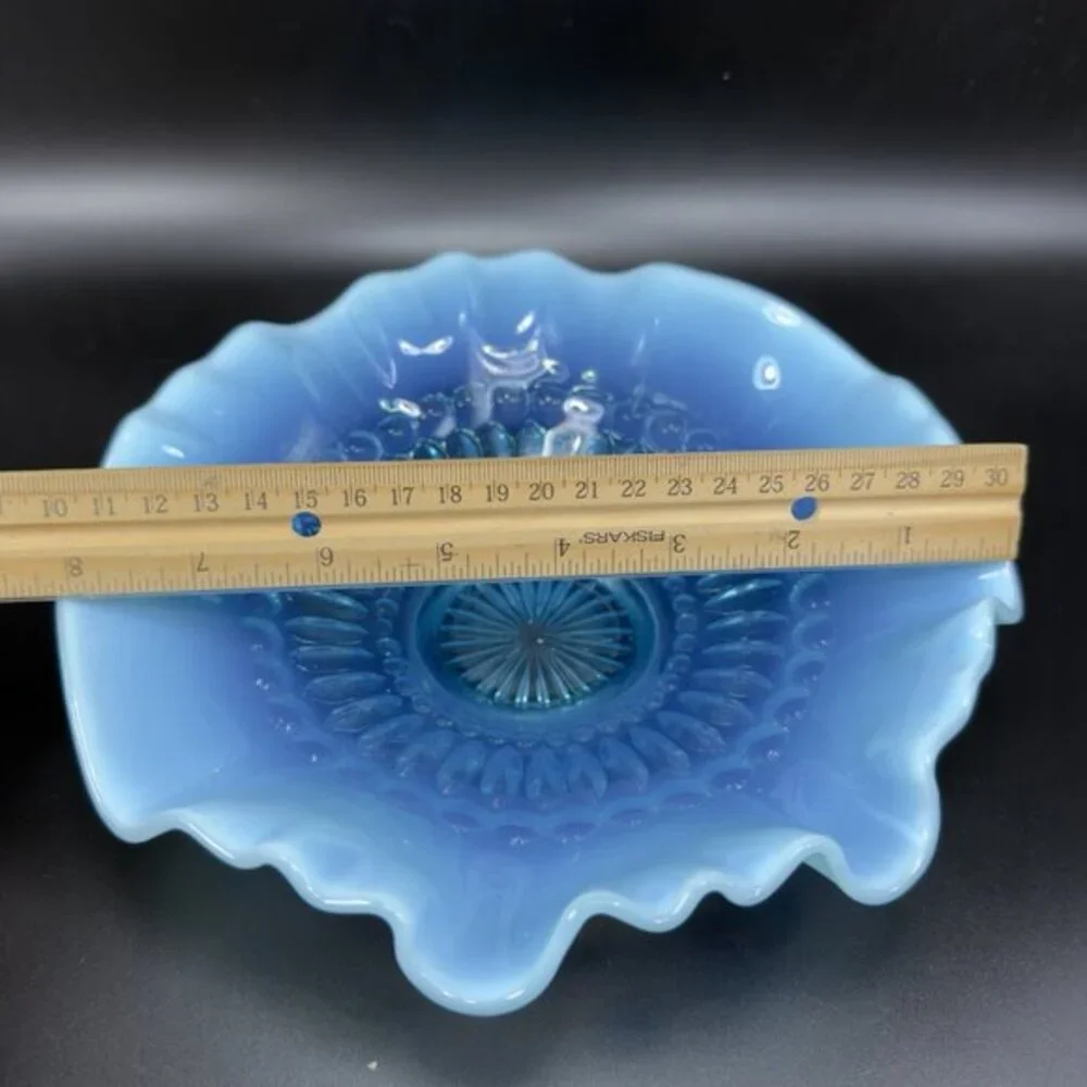 Vintage Opalescent Aqua Blue Scalloped‎ Edge Depression Glass Dish Bowl 8inch
